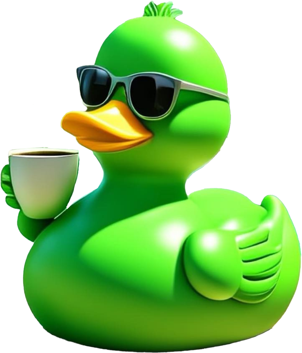 Pool Duck mascot — a friendly green rubber duck wearing sunglasses